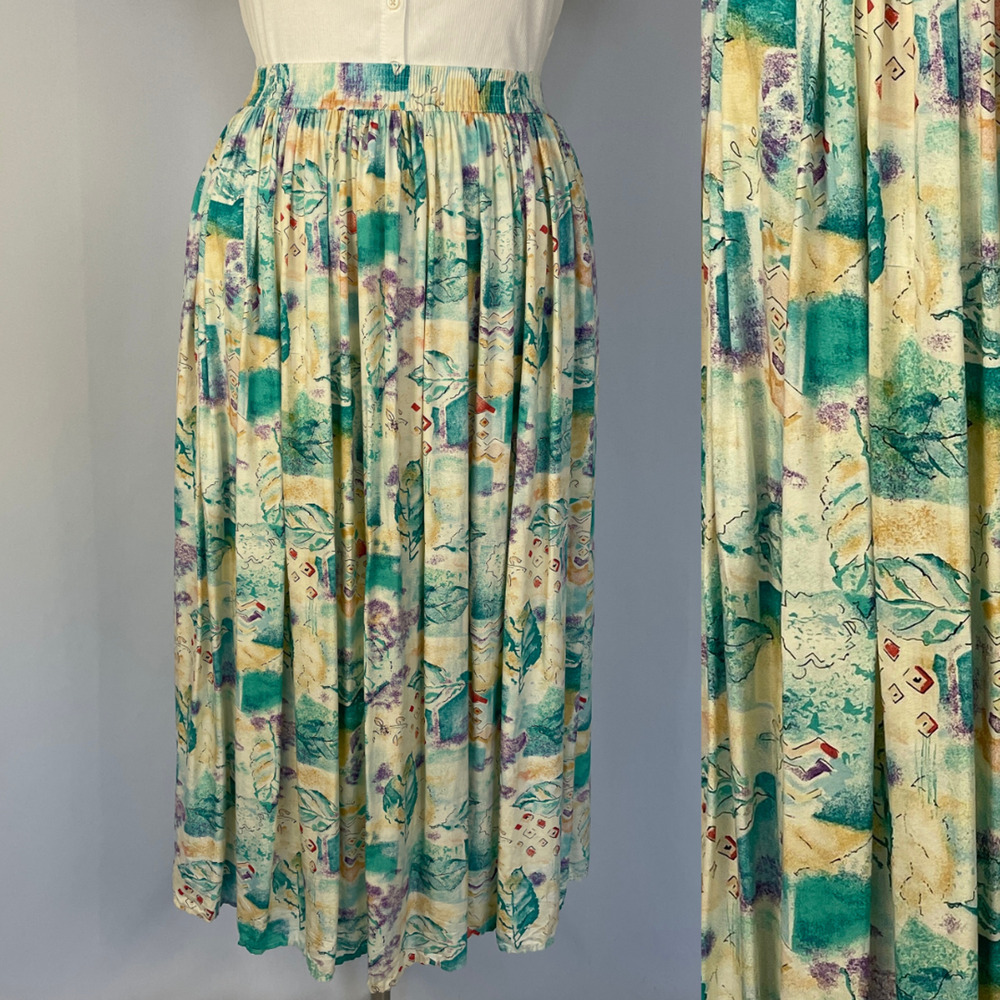 Vintage Midi Skirt Size Large Cream Blue Abstract Art Pleated Boho Retro 90s